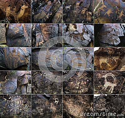 Petroglyphs on the stone in Tambaly or Tamgaly Tas Stock Photo