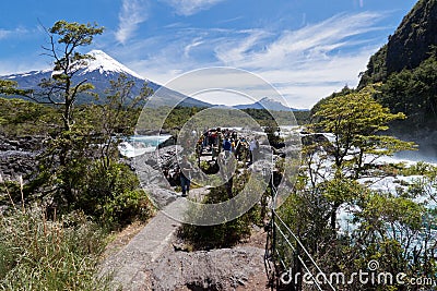 Petrohue Falls and Osorno Volcano in Chile Editorial Stock Photo