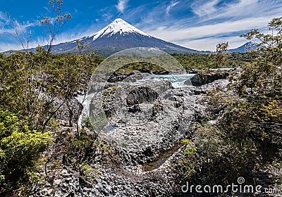 Petrohue Falls and Osorno Volcano in Chile Stock Photo