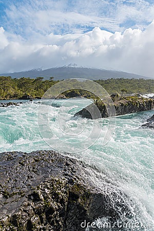 Petrohue Falls and Osorno Volcano near Puerto Varas, Chile Stock Photo