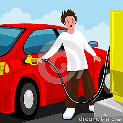 Frightened driver refuels the car. Vector Illustration