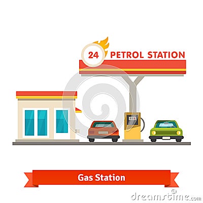 Petrol station with two cars Vector Illustration