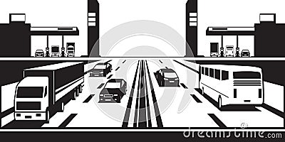 Petrol stations on both sides of the highway Vector Illustration