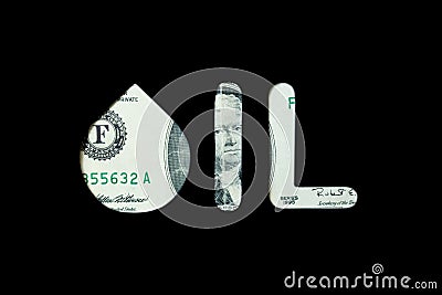 Petroleum. Black oil drop sign on a two dollar bill black background concept Stock Photo