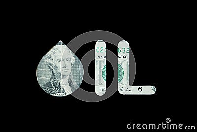 Petroleum. Black oil sign on a two dollar bill black background concept Stock Photo