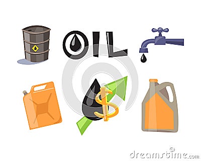 Petroleum or Crude Oil Industry with Black Liquid in Metal Tank and Tap Vector Set Vector Illustration