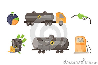 Petroleum or Crude Oil Industry with Black Liquid in Metal Tank and Transport Vector Set Stock Photo