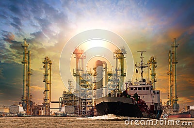 Petroleum gas container ship and oil refinery background for ene Stock Photo