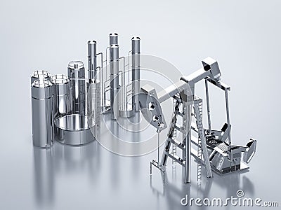 Petroleum industry concept with crude oil pump and oil refinery Stock Photo