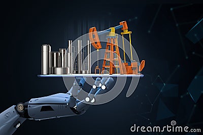 Petroleum industry technology concept with robot arm and oil refinery Stock Photo