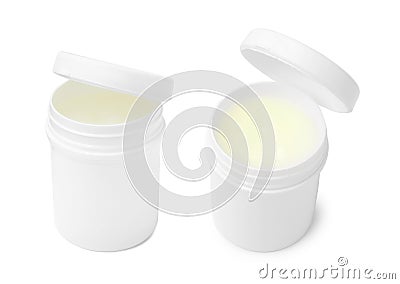 Petroleum jelly in jar on white background, different sides. Cosmetic petrolatum Stock Photo