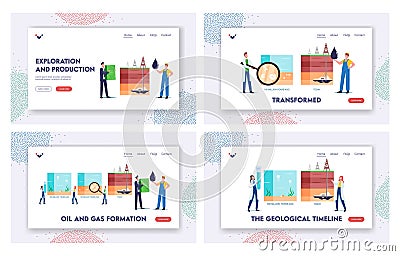 Petroleum Oil Gas Formation Landing Page Template Set. Scientists Characters Presenting Time Line of Fossil Fuel Layers Vector Illustration