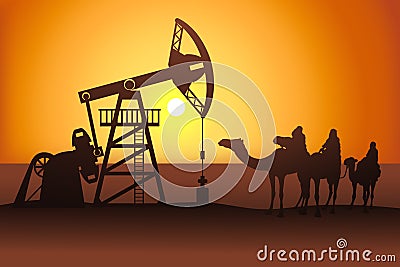 Petroleum pumpjack and camel riders vector illustration. Oil well Vector Illustration