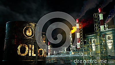 petroleum refinery plant with oil barrels at night, fictitious design - industrial 3D rendering Cartoon Illustration