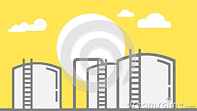 Petroleum Storage Tank Farm Illustration with Sun and Clouds on Yellow Background - Vector Illustration Vector Illustration