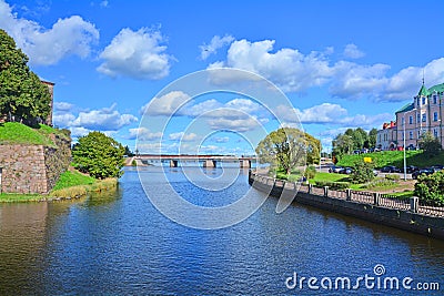 Petrovsky Bridge and Southern harbor at Vyborg Castle in Vyborg, Russia Stock Photo