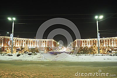 Petrozavodsk, Karelia, Russia, 01.13.2024: Gagarin Square, view of Lenin Avenue, Christmas trees. Winter evening or Editorial Stock Photo