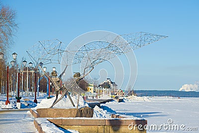 Sculpture `Fishermen` on the embankment of Onega lake Editorial Stock Photo