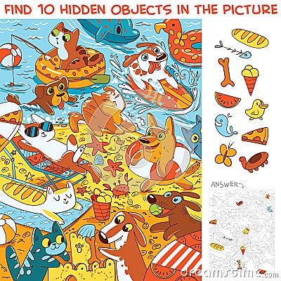 Pets on the beach. Find 10 hidden objects in the picture Vector Illustration