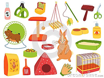 Pets care tools. Different domestic animals caring accessories collection, pet store products. Toys, shampoos and food Vector Illustration