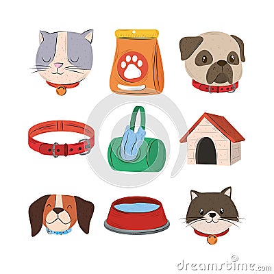 pets, cat dog collar water house food and bags icon set flat style Vector Illustration