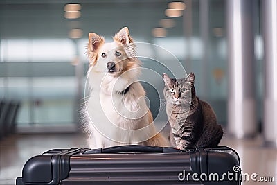 Pets cat and dog with a suitcase at the airport, traveling with animals. Generative AI Stock Photo