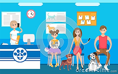 Pets Clinic, Veterinary Receptionist and Queue Vector Illustration