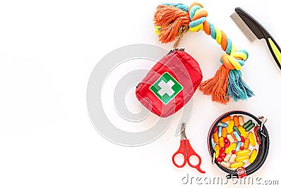 Pets cure with meds for treatment set on white background top view mock up Stock Photo