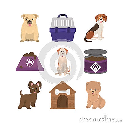 pets, dogs canned food bowl cage and house icons Vector Illustration