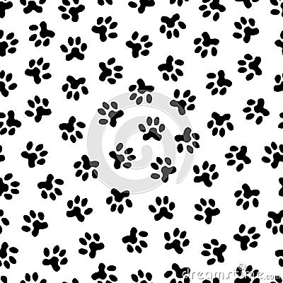 Pets footprint black background. Paw steps dog or cat, wild animal foot silhouettes. Simple abstract seamless pattern Vector Illustration