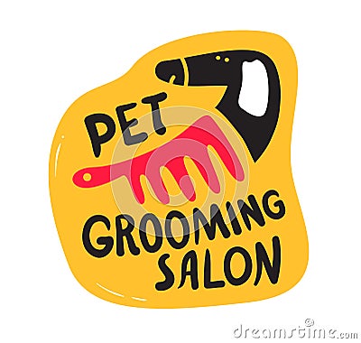 Pets Grooming Salon Banner, Haircut Service for Dogs and Cats. Cute Black Puppy with Body Comb and Creative Typography Vector Illustration