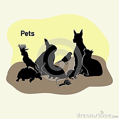 Pets group - Dog, cat, rabbit, rat, guinea pig, parrot, turtle, snail and canary. set of silhouettes Vector Illustration