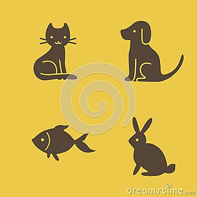 Pets icons cat, dog, rabbit and fish Vector Illustration