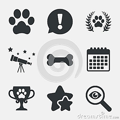 Pets icons. Dog paw sign. Winner laurel wreath. Vector Illustration