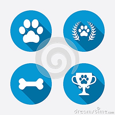 Pets icons. Dog paw sign. Winner laurel wreath Vector Illustration