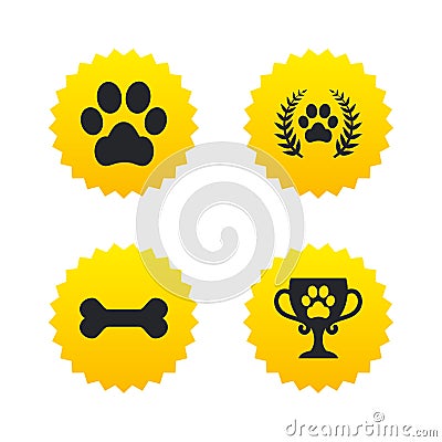 Pets icons. Dog paw sign. Winner laurel wreath. Vector Illustration
