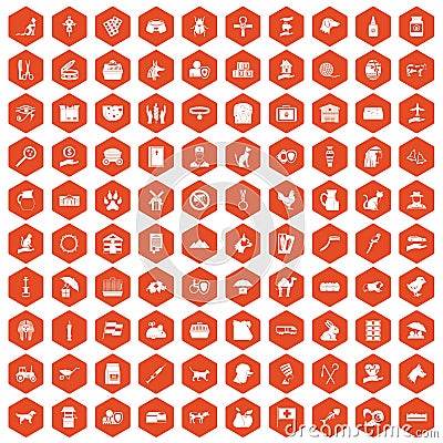 100 pets icons hexagon orange Vector Illustration