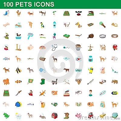 100 pets icons set, cartoon style Vector Illustration