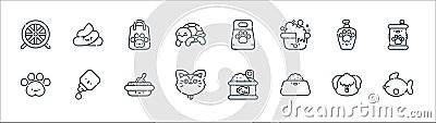 pets line icons. linear set. quality vector line set such as fish, pet bowl, cat, pawprint, pet shampoo, shopping bag, pet food, Vector Illustration