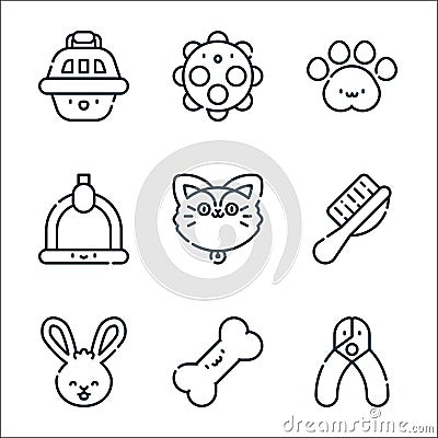 Pets line icons. linear set. quality vector line set such as nail clipper, bone, rabbit, pet brush, cat, hanger, pawprint, ball Vector Illustration
