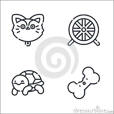 Pets line icons. linear set. quality vector line set such as dog biscuit, turtle, hamster wheel Vector Illustration