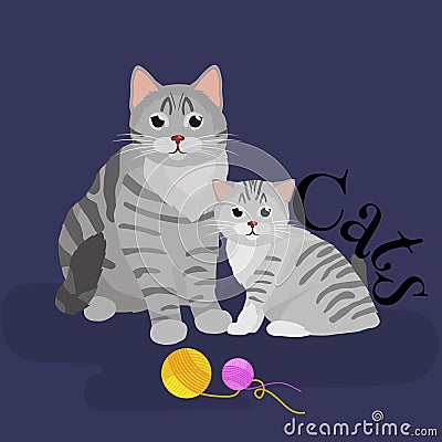 Pets mother cat and kitten sitting white background, domestic animals Vector Illustration