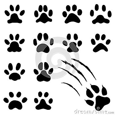 Pets paw footprint. Cat paws prints, kitten foots or dog foot print. Pet rescue logo isolated vector symbol Vector Illustration