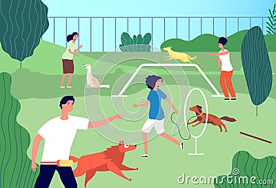 Pets playground. Funny domestic dogs, men activities. Puppies owners running and training. Animal lovers community Vector Illustration