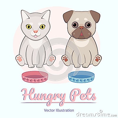 Cat and dog pets set. Cartoonish cute illustration. Postcard template with hungry pets. Kitty and puppy, pug and cat sitting and w Vector Illustration