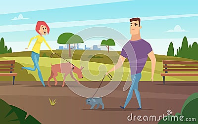 Pets walking. Animals happy owners outdoor in park running or cycling with dogs activity vector background Vector Illustration