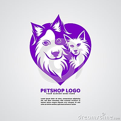 Petshop. Vector image of a dog and cat design with love shape Vector Illustration