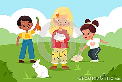 Petting zoo. Children take care rabbits in green clearing, kids play and contact small animals outdoor, boys and girls Vector Illustration