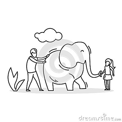 Petting zoo icon. Dad and girl playing with elephant. Simple vector illustration Vector Illustration