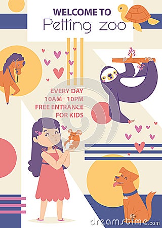 Petting zoo vector poster. Girl playing with animals. Happy animals dog sloth, horse mouse, turtle. Lovely and friendly Vector Illustration